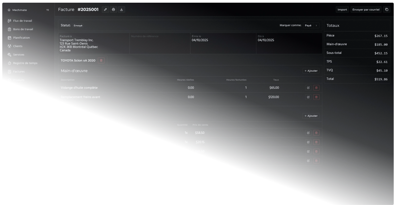 Factures détaillées pour atelier mécanique